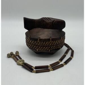 Woven Rattan Wood Trinket Box Hand Carved Fish Lid 16” Beaded Necklace Trinket